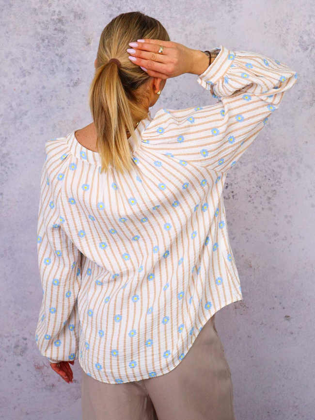 BLUZKA KOSZULOWA W PASKI I KWIATKI- BEŻOWA