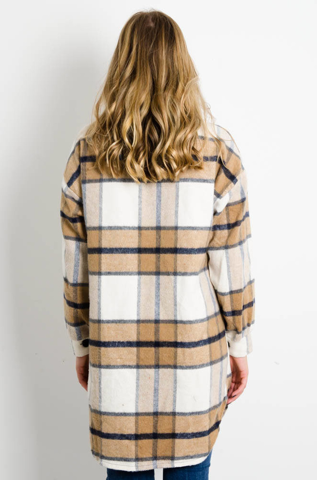 BEŻOWA FLANAELOWA KURTKA KOSZULOWA W KRATĘ