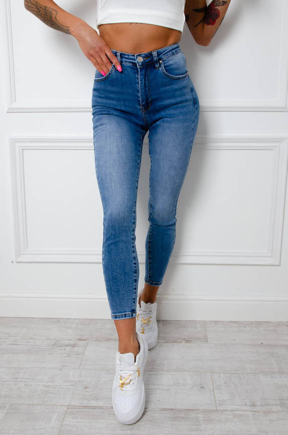 SPODNIE JEANSOWE Z WYSOKIM STANEM - NIEBIESKIE