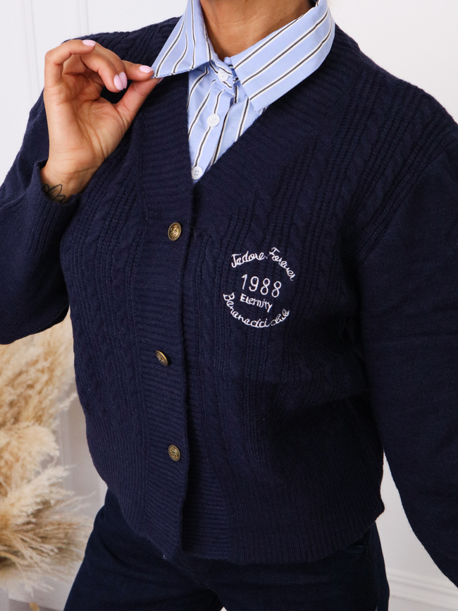 SWETER KARDIGAN Z WARKOCZOWYM SPLOTEM I KOSZULOWĄ WSTAWKĄ- GRANATOWY