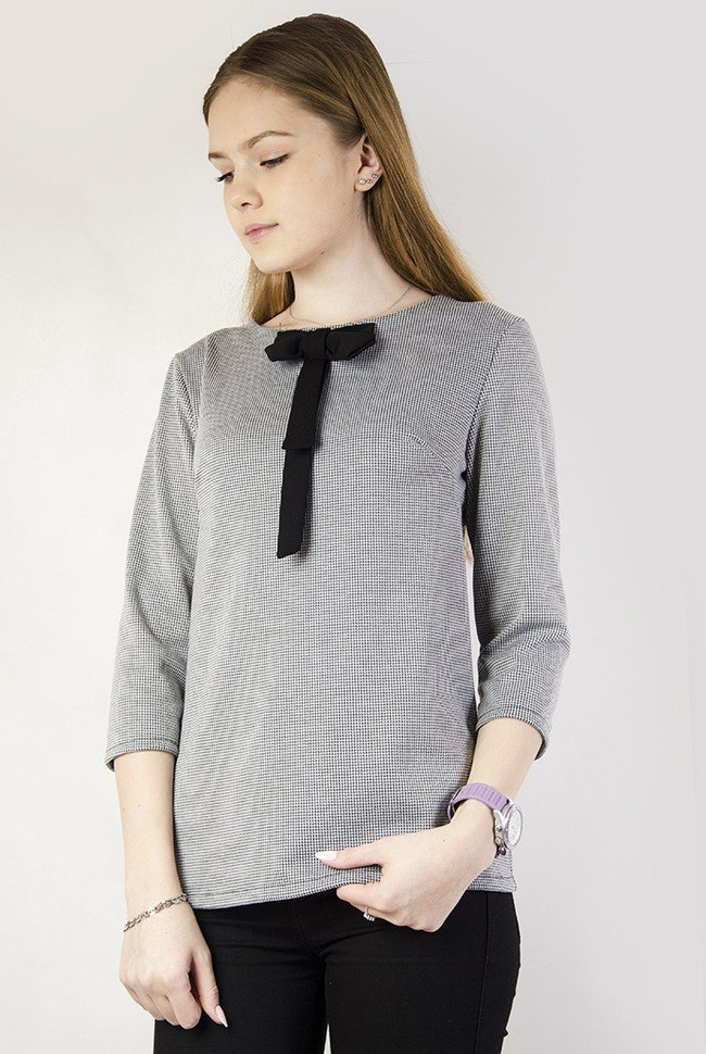 Elegancka bluzka w pepitkę z czarną kokardą