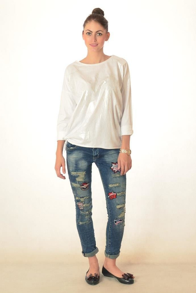 BIAŁA BLUZKA Z DŁUGIM RĘKAWEM WIĄZANA Z BOKU, FRONT SREBRNY