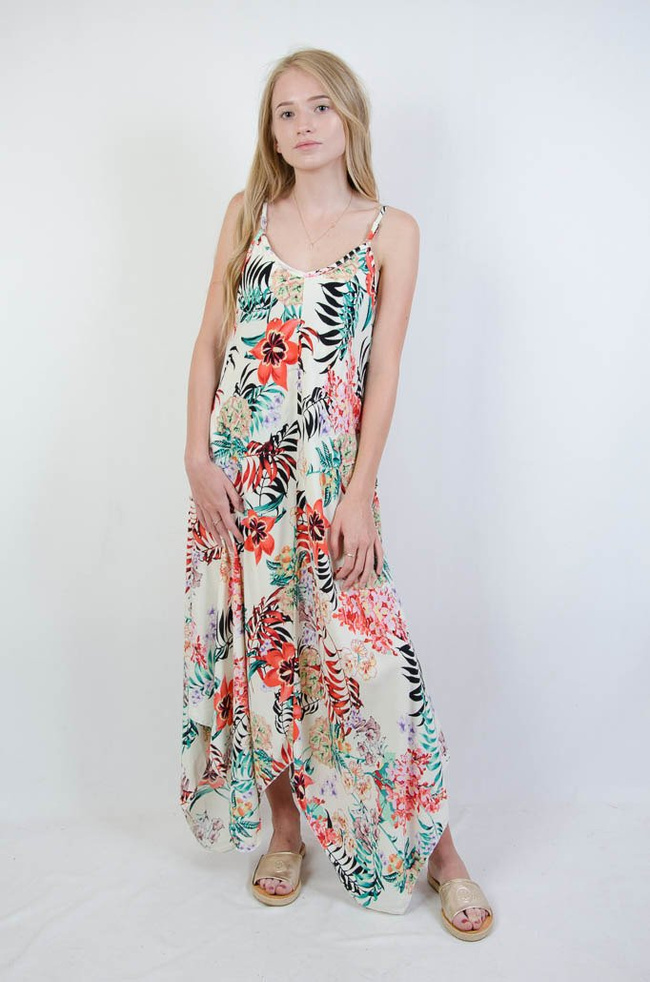 KREMOWA ASYMETRYCZNA SUKIENKA W KWIATY Z DEKOLTEM W SEREK