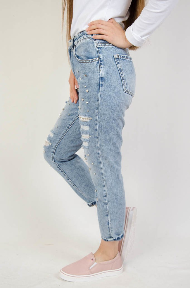 SPODNIE JEANSOWE TYPU BOYFRIEND Z CYRKONIAMI 