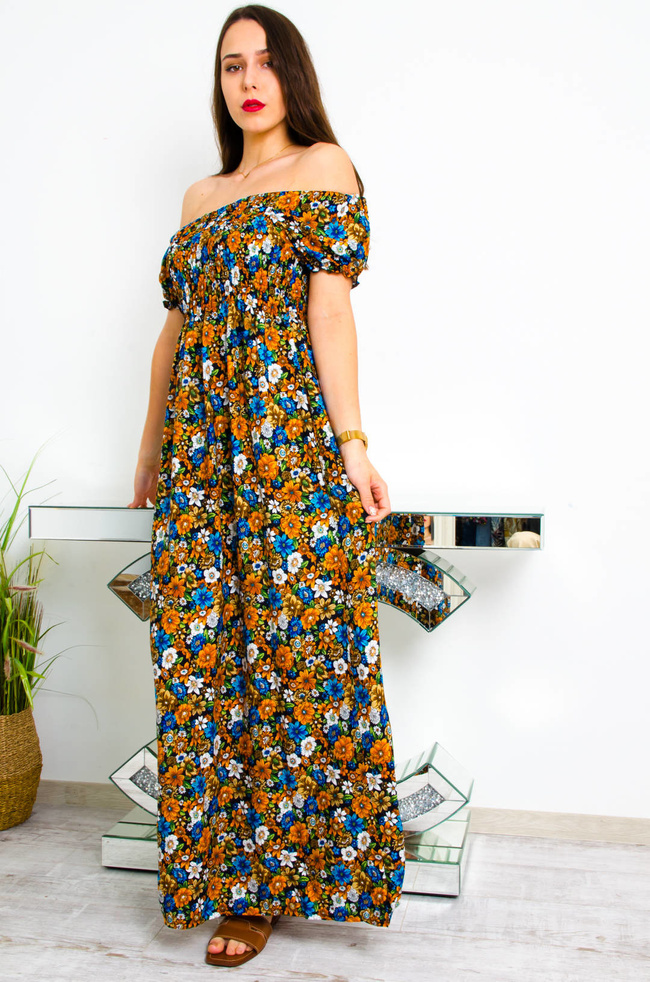 CZARNO-POMARAŃCZOWA DŁUGA SUKIENKA HISZPANKA W KWIATY 