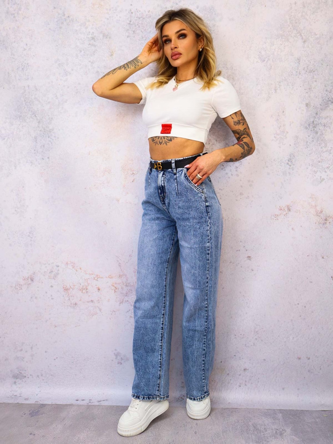 SPODNIE JEANSOWE DEKATYZOWANE Z SZEROKIMI NOGAWKAMI+ PASEK