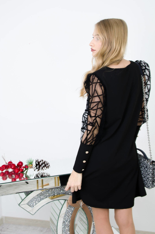 CZARNA SUKIENKA Z WELUROWYM WZOREM NA RĘKAWACH