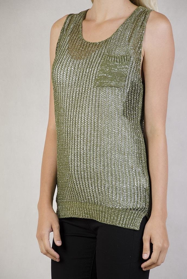 Zielona kamizelka z srebrną nitką + biały top