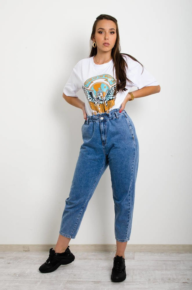 GRANATOWE JEANSY MOM FIT Z GUMKĄ W PASIE-WYSOKI STAN