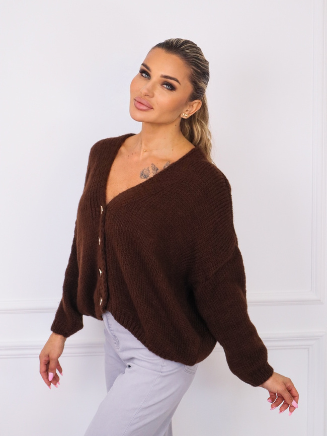 LUŹNY SWETER ZE ZŁOTYMI GUZIKAMI- CIEMNY BRĄZ