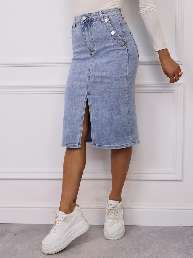 SPÓDNICA JENSOWA MIDI Z BŁYSZCZĄCYM ZDOBIENIEM- NIEBIESKA