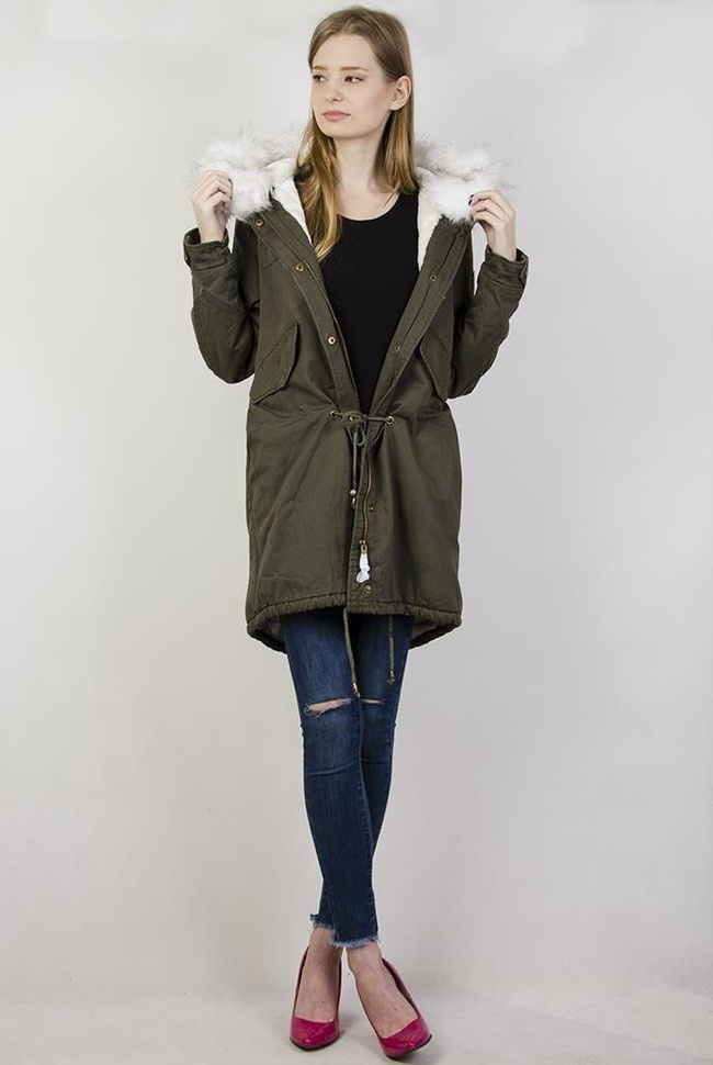 Kurtka khaki typu parka z białym futerkiem
