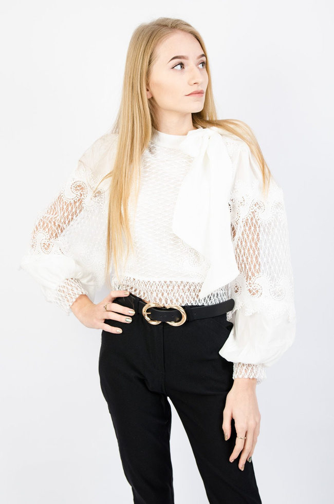 BIAŁA AŻUROWA BLUZKA Z BUFIASTYMI RĘKAWAMI