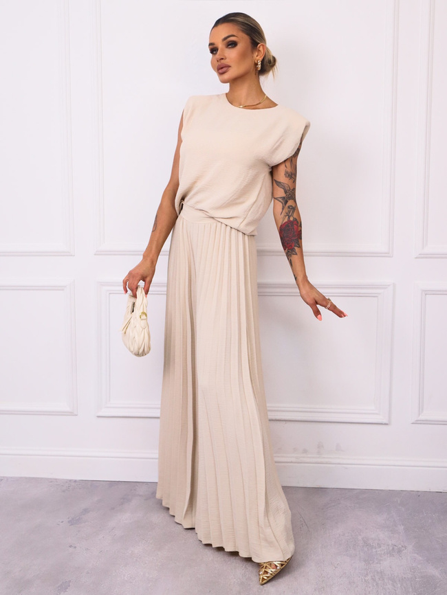 KOMPLET BLUZKA+ SZEROKIE PLISOWANE SPODNIE- BEŻOWY