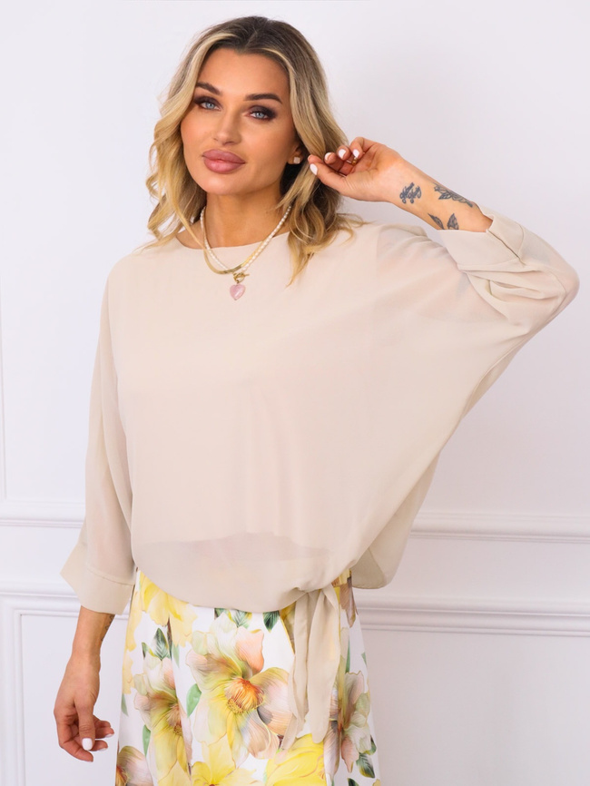 BLUZKA SZYFONOWA O KROJU NIETOPERZA Z WIĄZANIEM- BEŻOWA