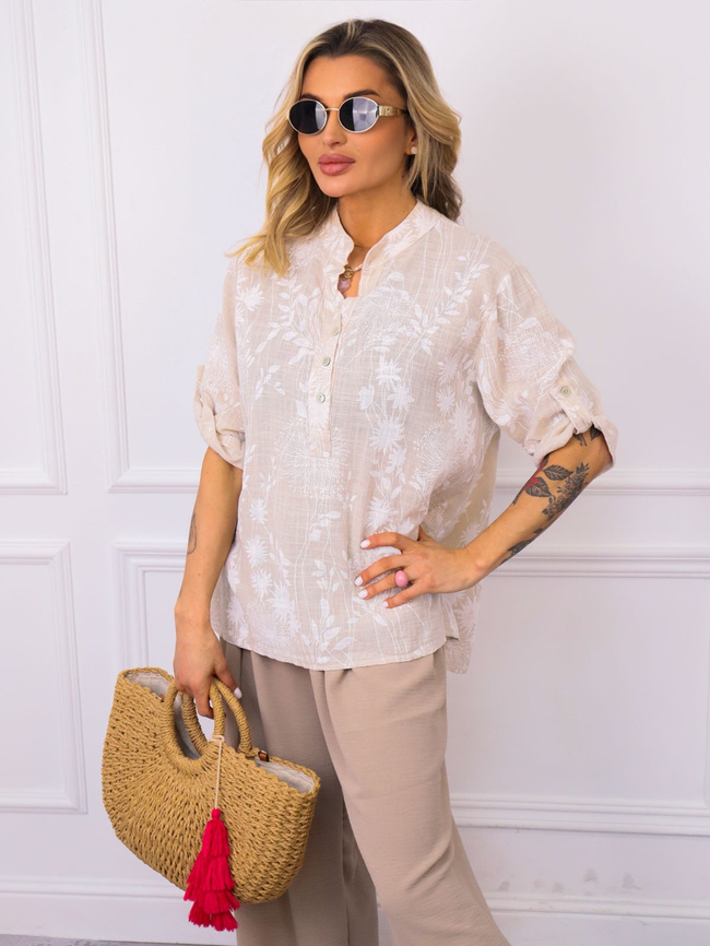 BLUZKA KOSZULOWA W KWIECISTE WZORY- BEŻOWA