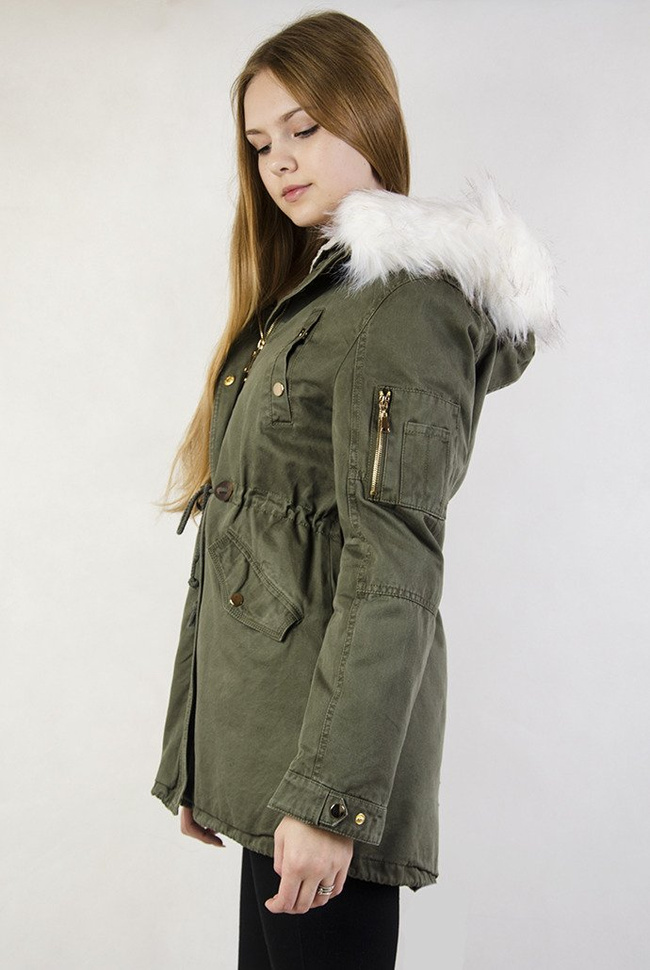 Khaki kurtka parka z białym futerkiem