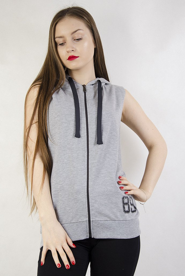 Szary sportowy bezrękawnik z kapturem