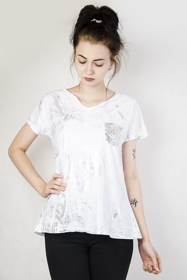 Biała bluzka w srebrne palmy, z cekinową kieszonką