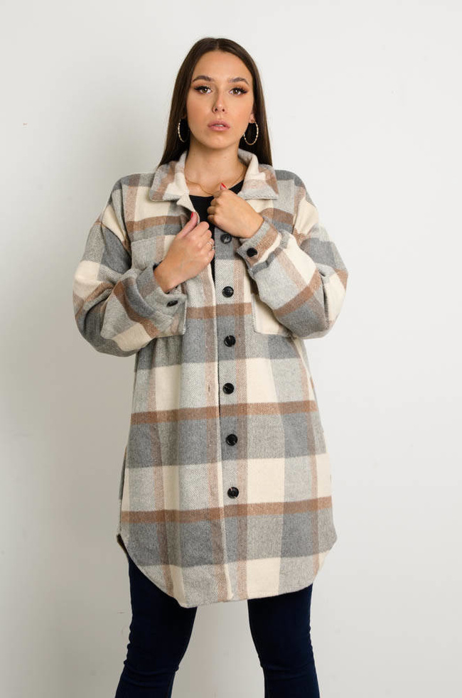 BEŻOWY PŁASZCZ KOSZULOWY W KRATĘ