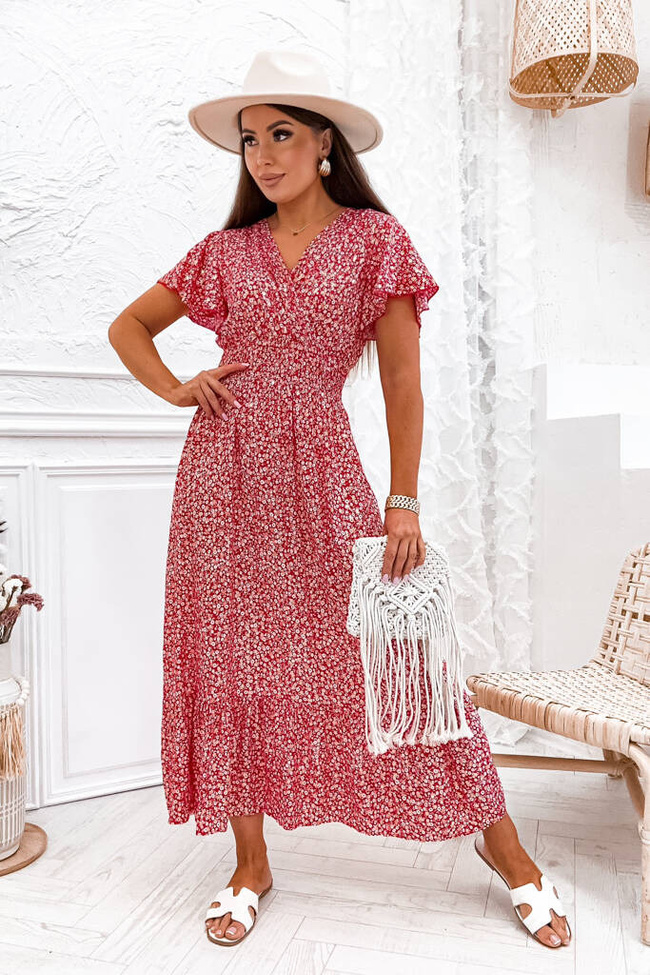 SUKIENKA MAXI W KWIATY I ZŁOTE GWIAZDKI DEKOLT KOPERTOWY-CZERWONA