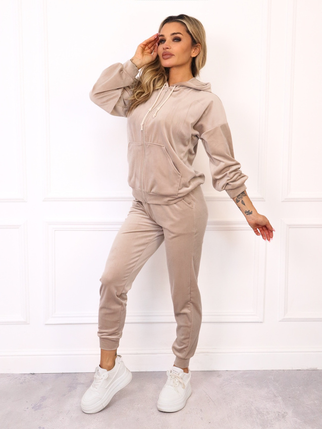 WELUROWY KOMPLET DRESOWY ROZPINANY Z KAPTUREM- BEŻOWY