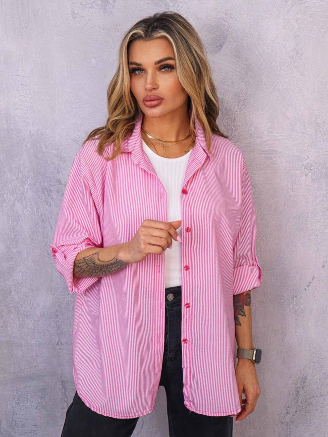 KOSZULA OVERSIZE W PASKI- RÓŻOWA