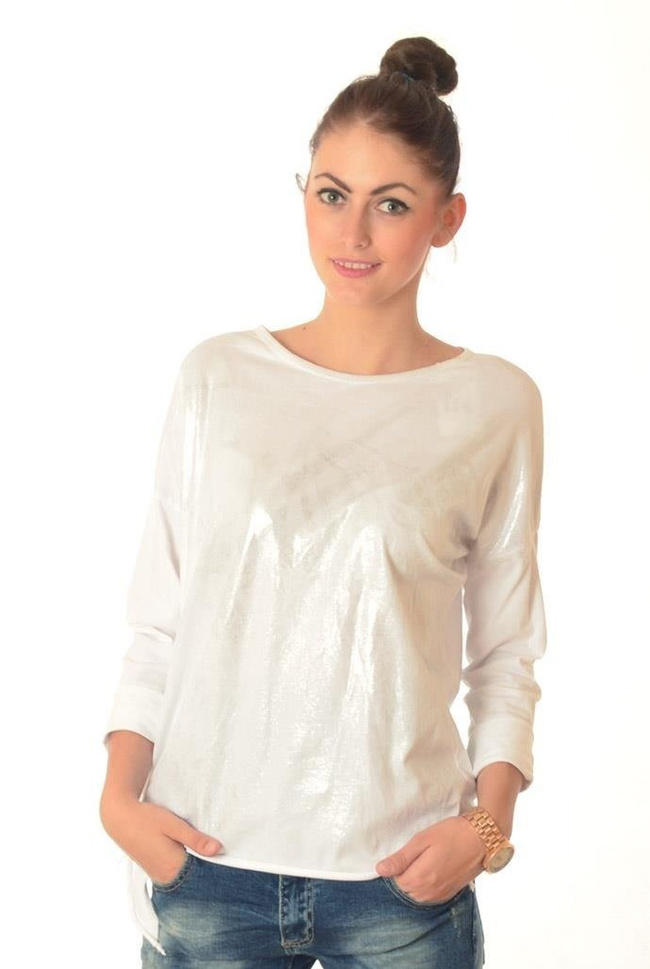 BIAŁA BLUZKA Z DŁUGIM RĘKAWEM WIĄZANA Z BOKU, FRONT SREBRNY