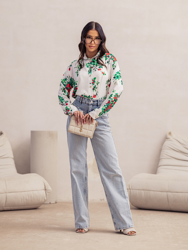 KOSZULA ZAPINANA NA GUZIKI W KWIECISTY WZÓR- BIAŁA