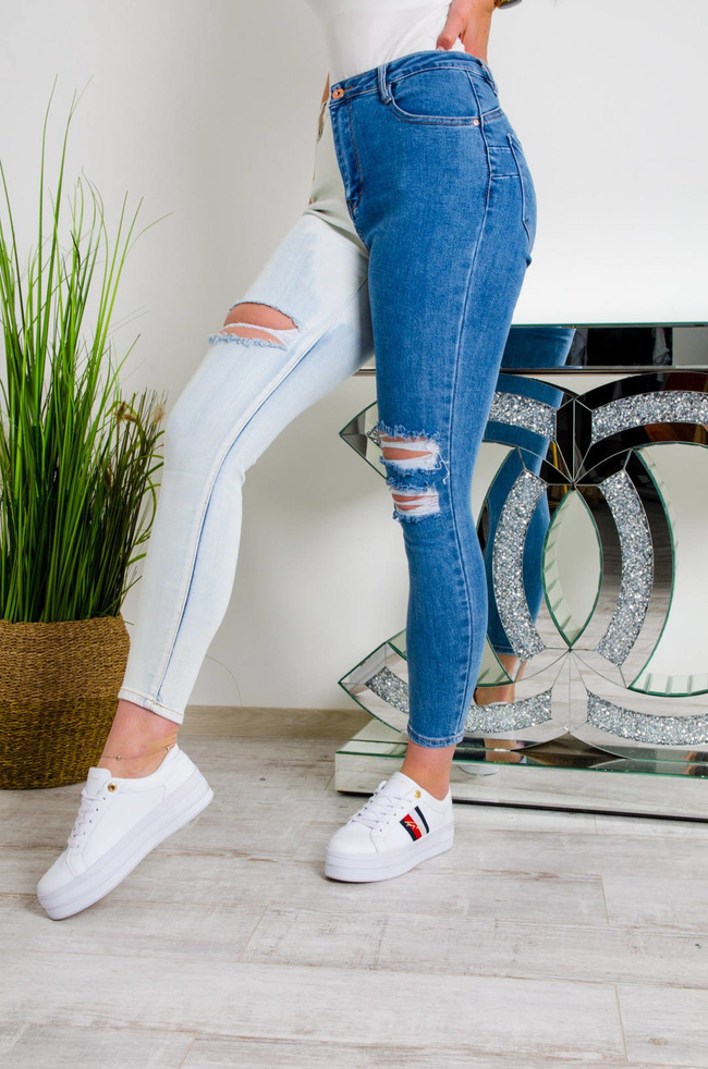 DWUKOLOROWE SPODNIE JEANSOWE TYPU PUSH UP Z DZIURAMI