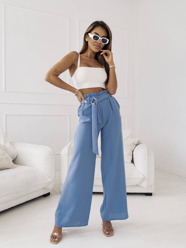 SPODNIE SZEROKIE Z GUMĄ W PASIE+PASEK- NIEBIESKIE