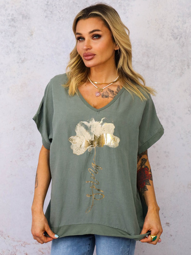 T-SHIRT ZE ZŁOTYM KWIATEM I DEKOLTEM W SZPIC- ZIELONY