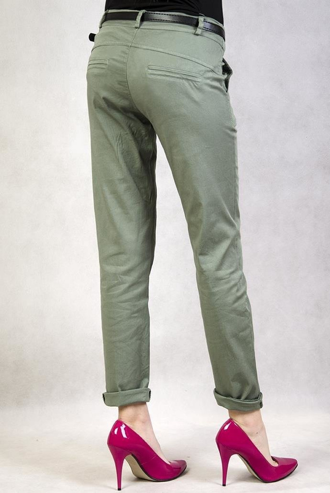 Khaki eleganckie spodnie z czarnym paskiem