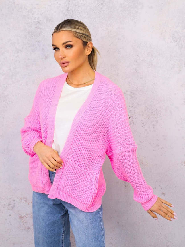 NARZUTA KARDIGAN DZIANINOWY Z KIESZENIAMI- CIEMNORÓŻOWY