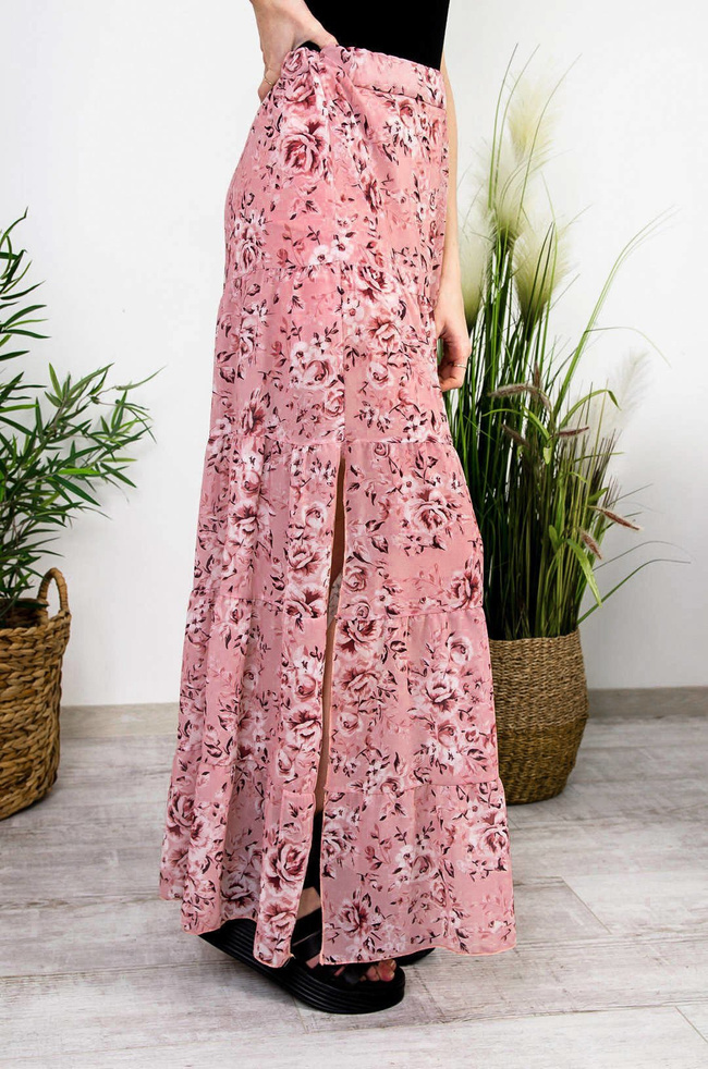 RÓŻOWA SPÓDNICA MAXI W KWIATY Z ROZCIĘCIEM