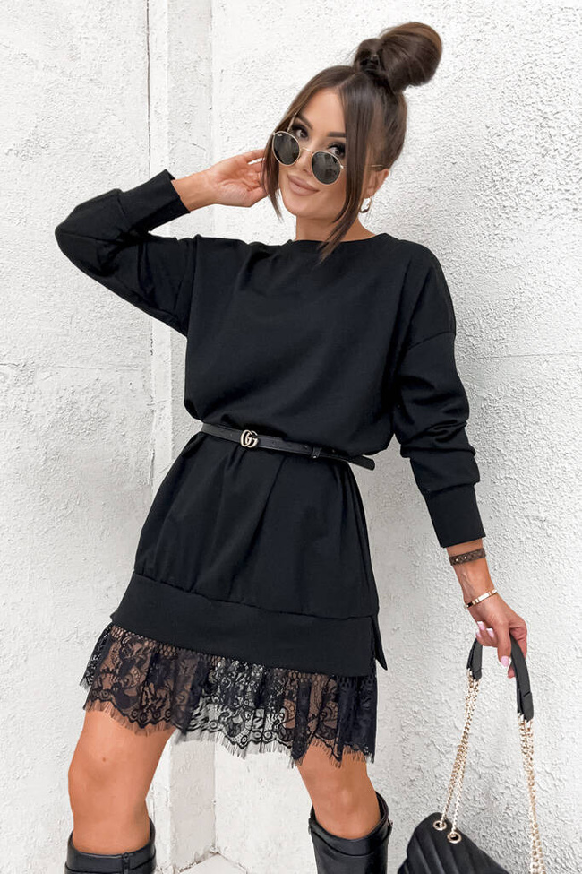 CZARNA SUKIENKA OVERSIZE DRESOWA Z KORONKĄ