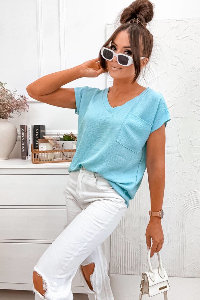 BLUZKA W SEREK Z KIESZONKĄ- TURKUSOWA