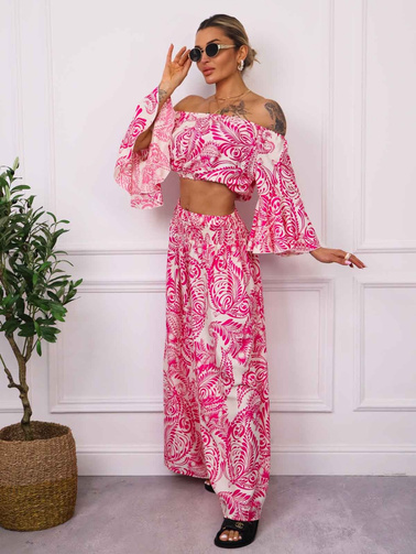 KOMPLET WZORZYSTY TOP+ SPODNIE- FUKSJA