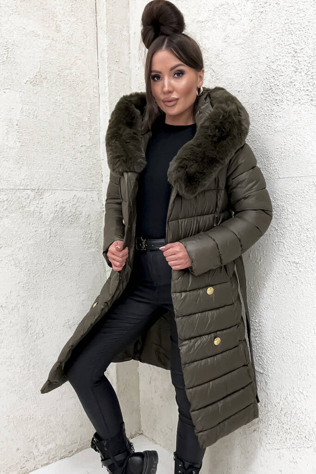 PIKOWANY PŁASZCZ ZE ZŁOTYMI GUZIKAMI I PASKIEM- CIEMNA ZIELEŃ