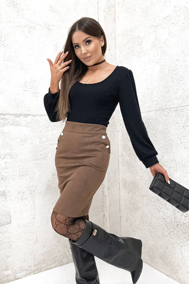 ZAWSZOWA SPÓDNICA MINI Z OZDOBNYMI GUZIKAMI- BRĄZOWA