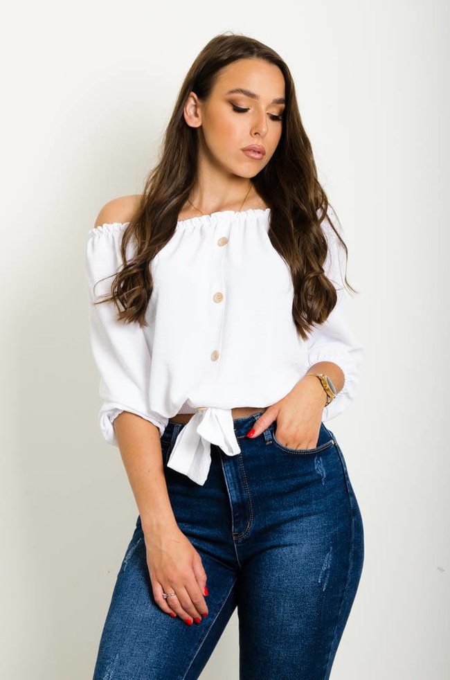 BIAŁA BLUZKA Z GUMĄ W DEKOLCIE ORAZ WIĄZANIEM NA DOLE