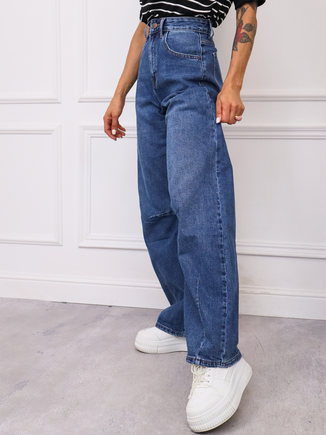 SPODNIE JEANSOWE WIDE Z PRZECZYCIAMI NA NOGAWCE- GRANATOWE