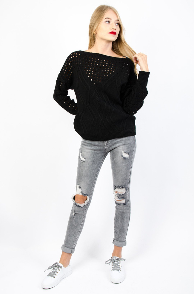 CZARNY SWETER Z AŻUROWĄ GÓRĄ ORAZ RĘKAWAMI