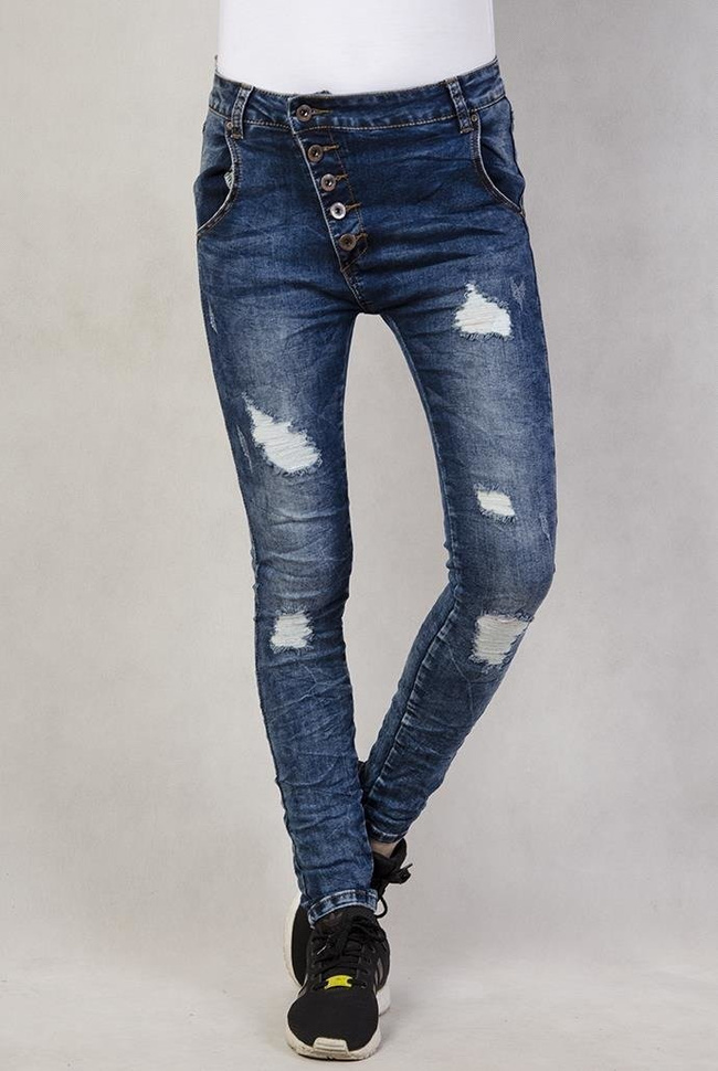 Spodnie jeansowe BAGGY z przetarciami i guzikami na skos