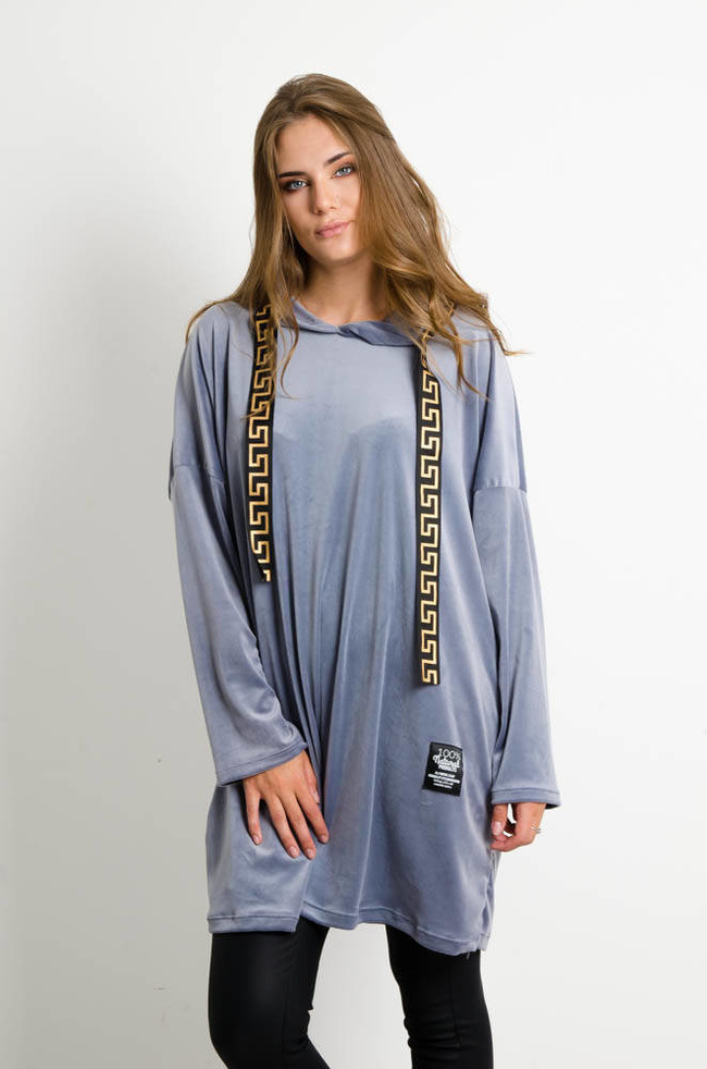 SZARA WELUROWA SUKIENKA Z KAPTUREM