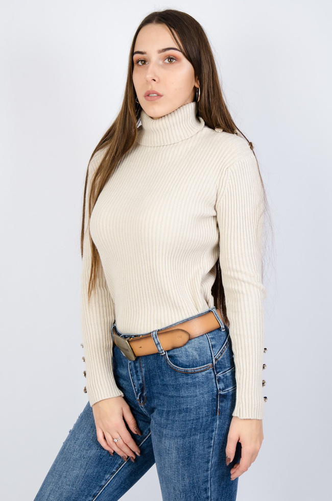 BEŻOWY PRĄŻKOWANY SWETER Z GOLFEM 