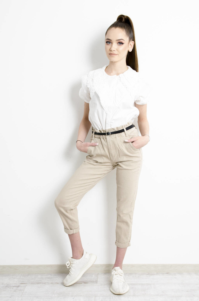 SPODNIE BEŻOWE BAGGY FIT MARSZCZONE W PASIE