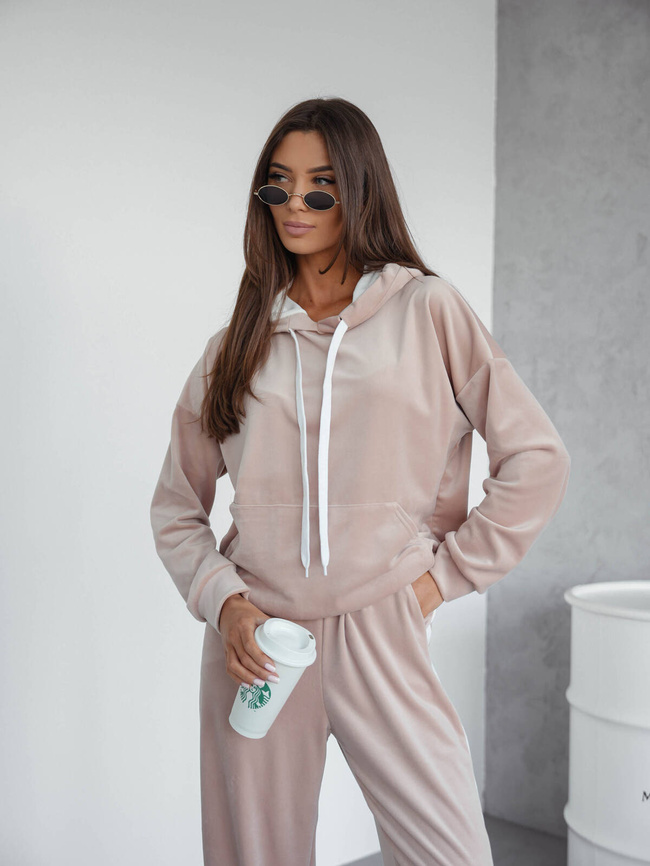 KOMPLET WELUROWY BLUZA+ SPODNIE Z KONTRASTOWYMI LAMPASAMI- BEŻOWY