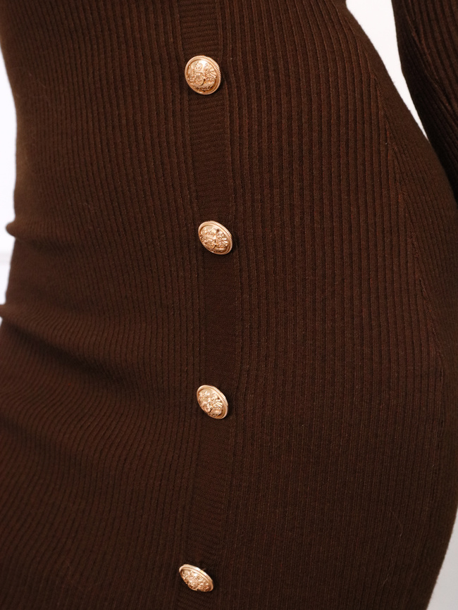 SUKIENKA DZIANINOWA Z ROZCIĘCIEM I OZDOBNYMI GUZIKAMI- CZEKOLADOWA