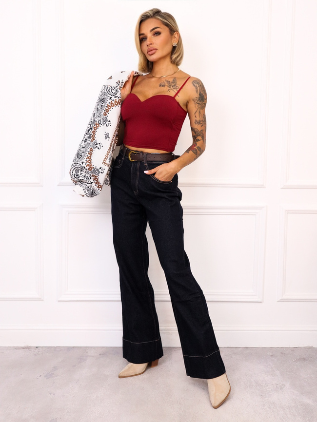 SPODNIE JENASOWE Z PROSTYMI NOGAWKAMI I WYSOKIM STANEM- CIEMNY GRANAT